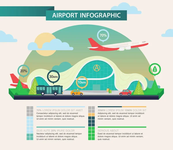 Repülőtér, közlekedés infographic fölött repülőgép — Stock Vector