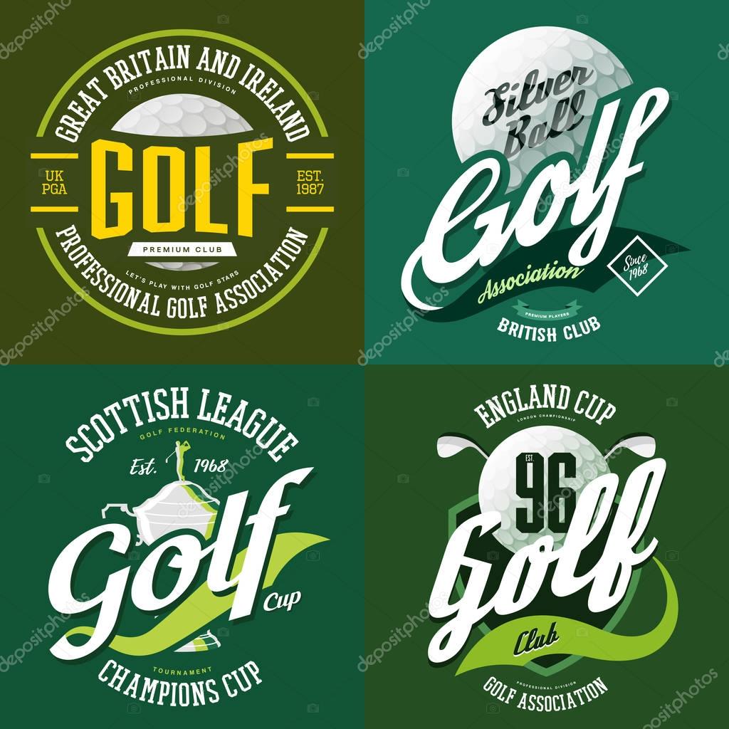 Golf ball and trophy cup or bowl for champions or tournaments. T-shirt print sportswear design or cloth logo for golfer association or sport club. England or scottish sport advertising, team label