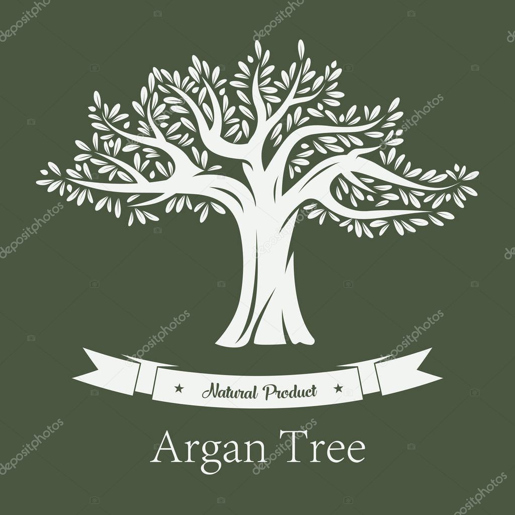 Argan tree or argania plant with branches and foliage. Organic vegetarian or vegan fruit food product, cosmetic skincare production. Bottle label or grove logo, biology and healthcare theme