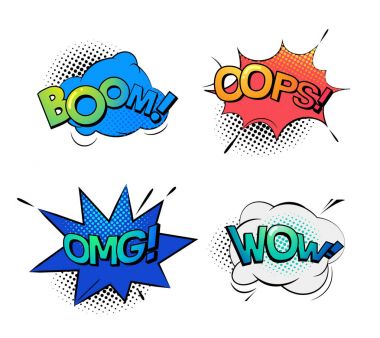 Konuşmalar için wow ve omg, oops kabarcık ve boom