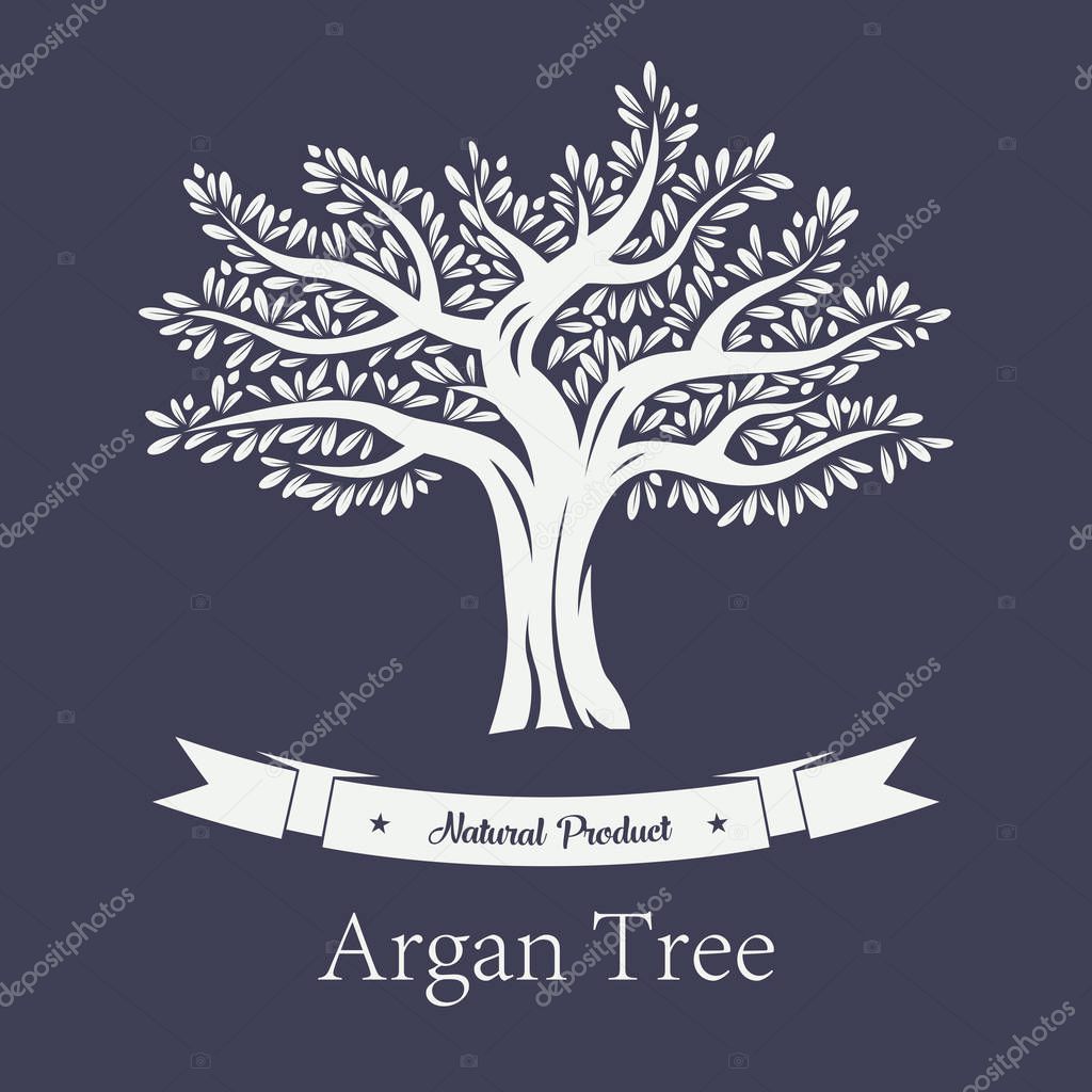 Argania fruit tree or argan plant with foliage and branches. Natural and organic food production for vegetarian or vegan, oil and cosmetic, skincare products made of berries. Bottle sticker,grove logo