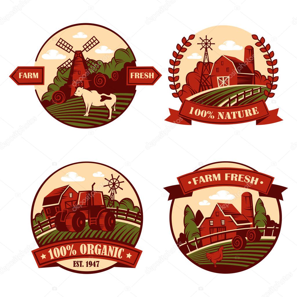 Village icons with cow and mill, barn in field