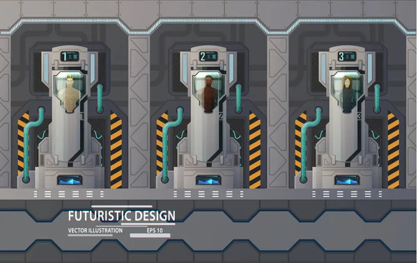 Humanos, personas en cápsulas criogénicas en la nave espacial — Vector de stock