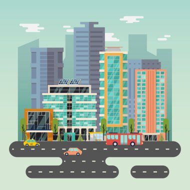 Kasaba veya şehir gökdelenler binalar ve yol