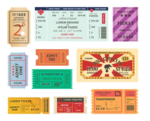 Biglietti vintage, tagliandi cartacei per circo, cinema — Vettoriale Stock