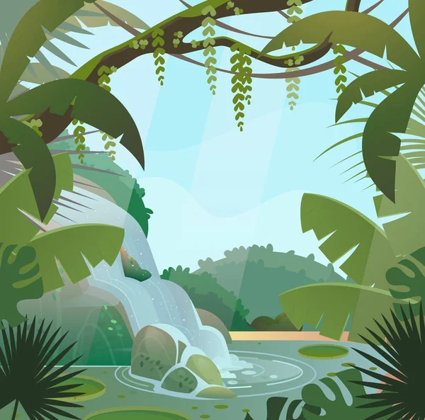Foresta pluviale nella giungla con palme e cascata — Vettoriale Stock