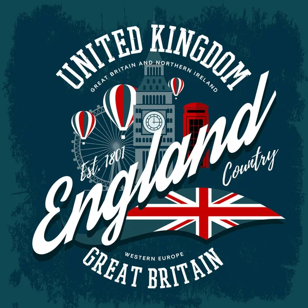 Engeland of Groot-Brittannië, Verenigd Koninkrijk-t-shirt afdrukken — Stockvector