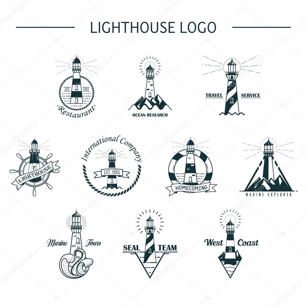 Set of isolated lighthouse sketches with waves and rocks, lifebuoy around, nautical beacon with lamp banner, searchlight near sea or ocean shore. Night hazard optical detection. Seaside theme