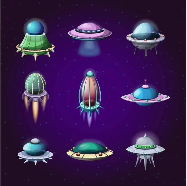 Conjunto de foguetes de desenhos animados e naves espaciais alienígenas — Vetor de Stock