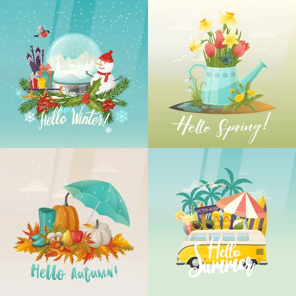 Signos de temporada para verano, otoño, primavera, invierno — Vector de stock