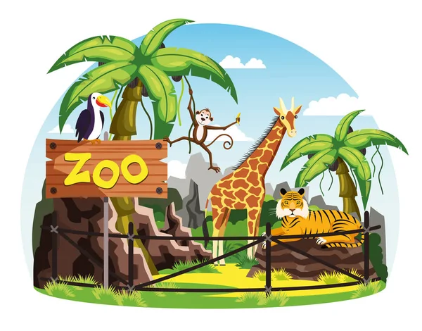 Giraffe and monkey, tiger and toucan at zoo — Stock Vector