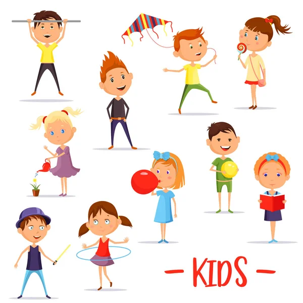 Set of isolated children or kids at their activity — Stock Vector