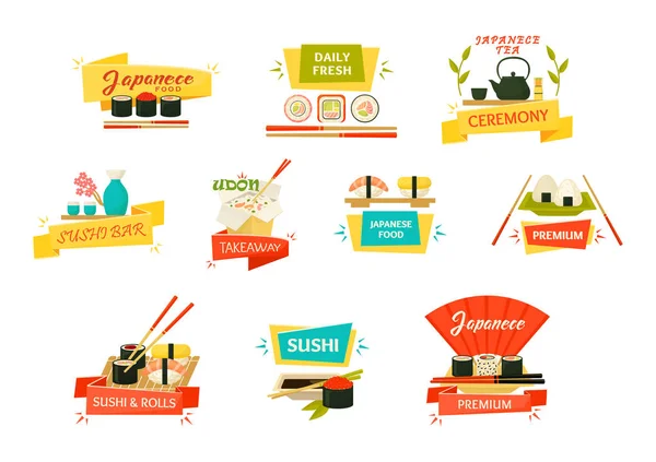 Sushi japonés y rollos con palillos de madera — Vector de stock