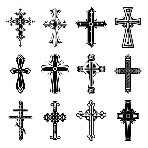 集的孤立的基督教和天主教十字架 — 图库矢量图片