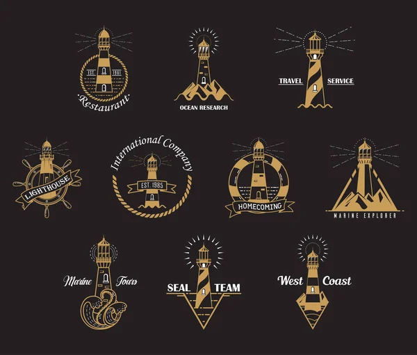 Set of isolated lighthouse icons with rocks — Stock Vector