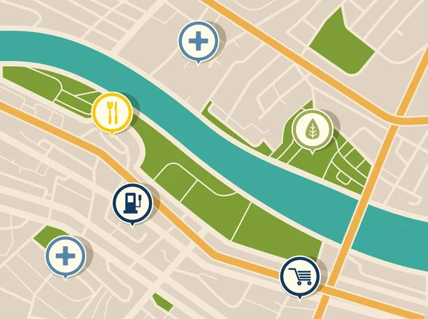 Карта с GPS указателями для парка и магазина, больница — стоковый вектор