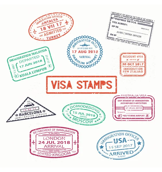 Set di visti isolati timbri di gomma passaporto — Vettoriale Stock