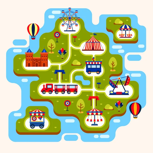 Mapa del parque de atracciones con atracciones — Vector de stock