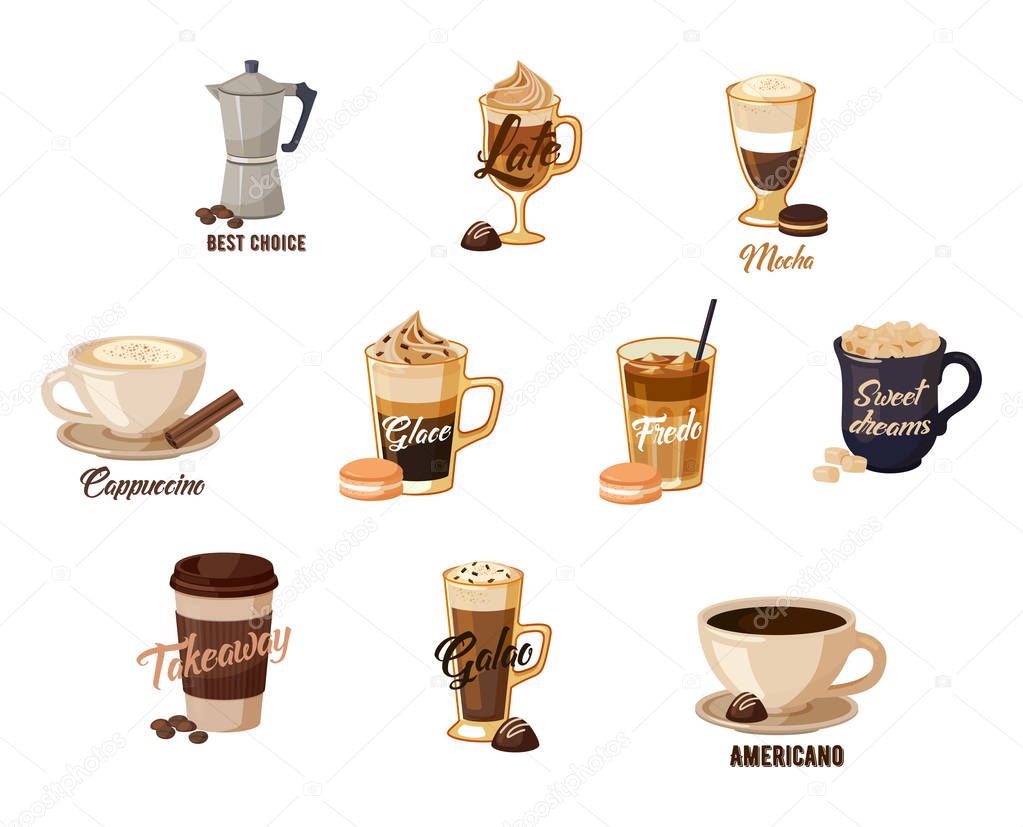 Set of isolated coffee banners for cafe or restaurant, bistro or shop, store or bar. Latte and hot mocha, cappuccino and glace, fredo with cream and americano in cup, espresso. Takeaway theme