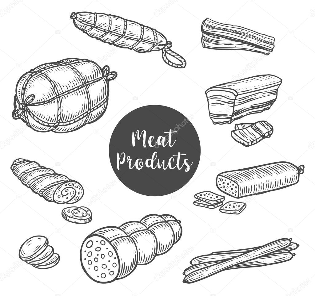 Beef ham and smoked roulade sketches for store or shop, market poster. Kielbasa and frankfurter sausages on butcher banner or badge. Restaurant and farm, nutrition and food, meal theme