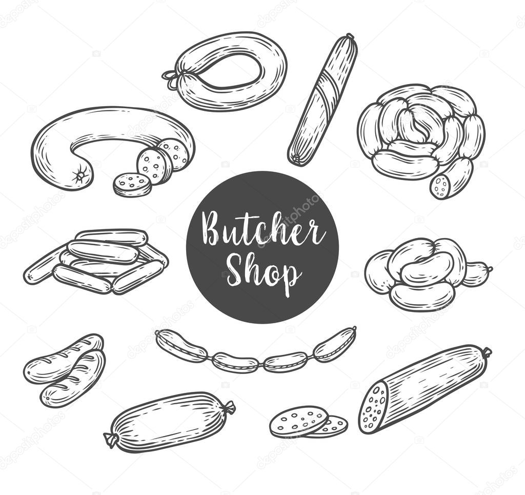 Sausages and kielbasa, wurst sketch for butcher shop . Ham salami and lyon sausage bundle or curry wursts. farm market, beef steak, gourmet products theme