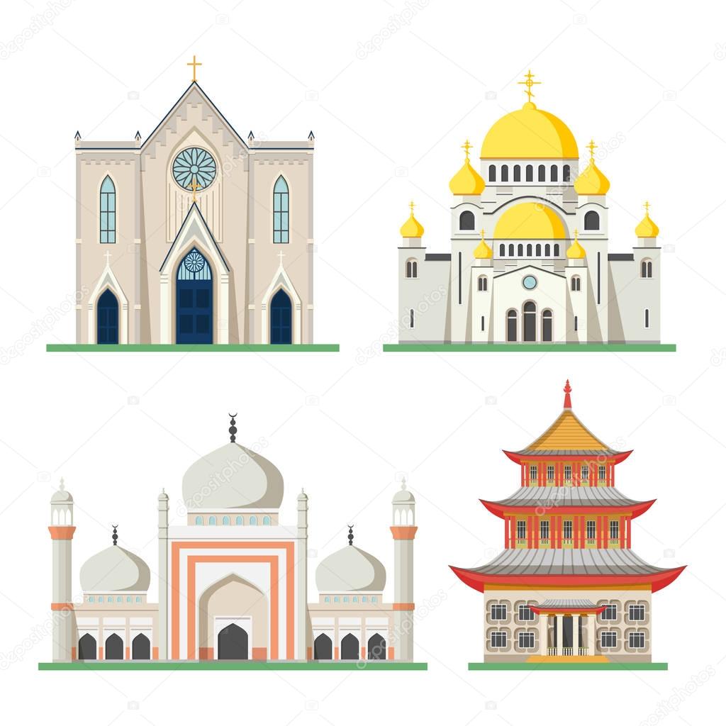 Set of religious buildings like muslim mosque, buddhist temple or chinese, japan, india pagoda, christian orthodox church with dome and catholic pray or worship sanctuary. Religion and God theme