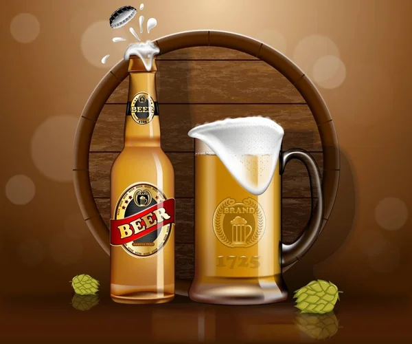 Bouteille et tasse de bière, tonneau en bois land hop — Image vectorielle