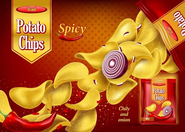 Kryddig potatis chips på paketet med lök, paprika — Stock vektor
