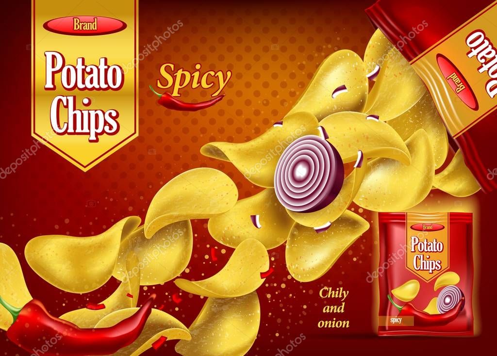 Crunchy 3d potato chips with onion and red chilli pepper. Realistic snack advertising and branding for pack or container. Spicy fried and seasoned eating snack. Product branding theme
