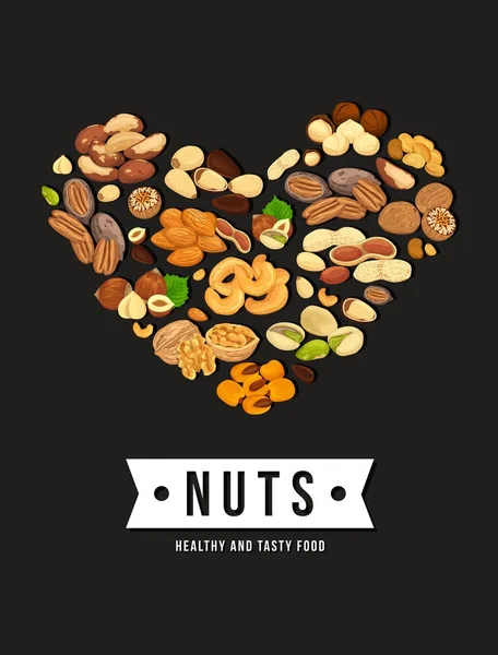 Nueces en forma de corazón como estandarte para la comida vegetariana — Vector de stock