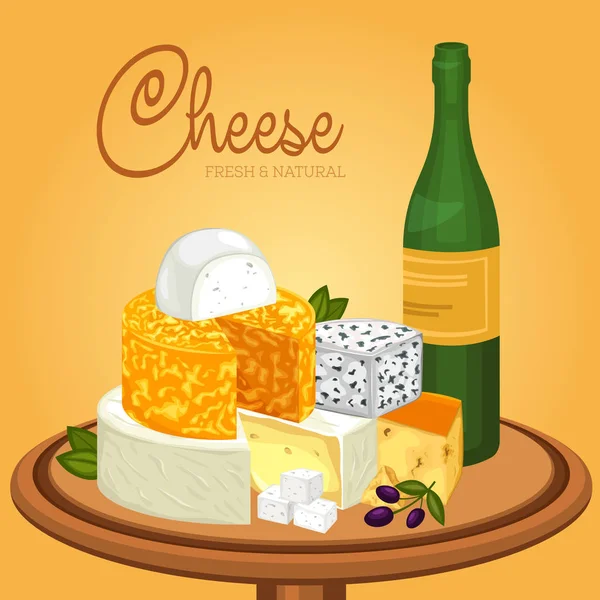 Sliced cheese pieces on plate and bottle of wine — Stock Vector