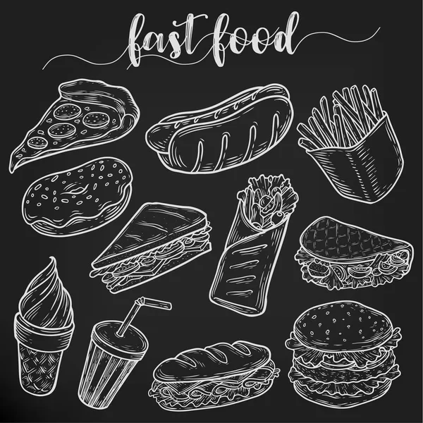 Conjunto de bocetos aislados de comida rápida o chatarra — Vector de stock