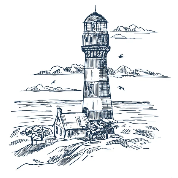Lighthouse sketch on seashore with house