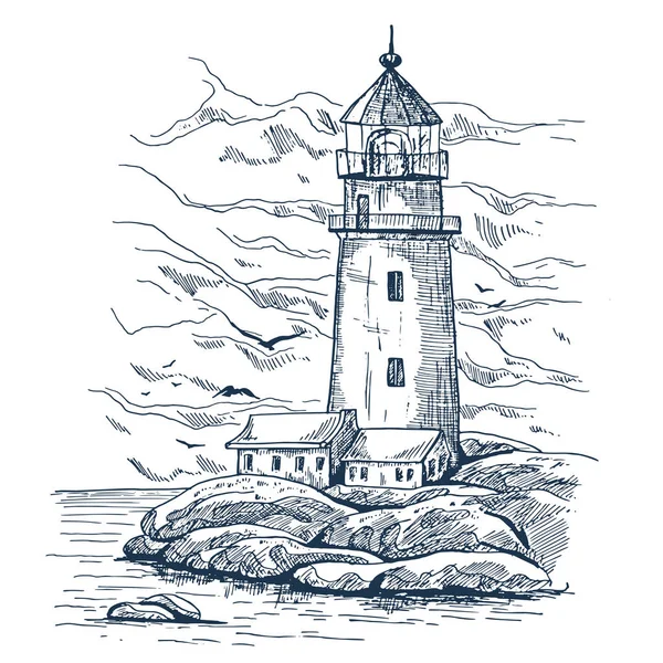 Beacon or harbor lighthouse sketch on island