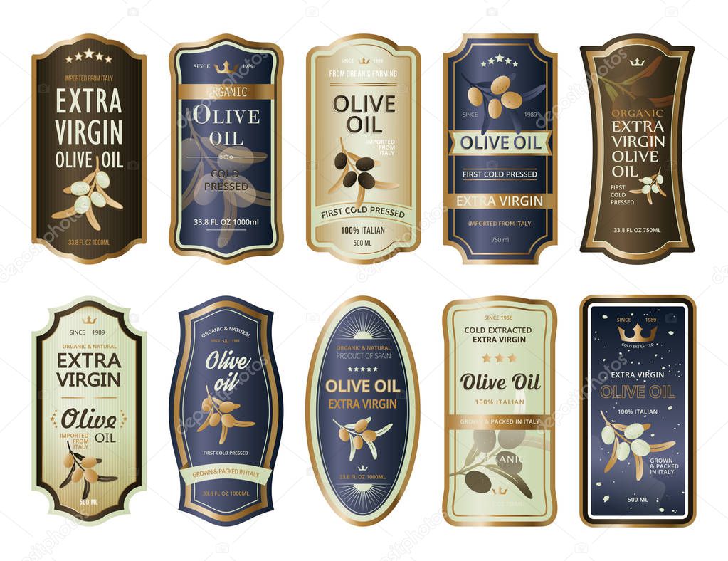 Stickers for olive oil bottles. Sticky labels for cooking pack. Organic plant sign for vegetarian food. Branch of olive oils for fruit banner with crown. Garden grove and harvest, agriculture theme