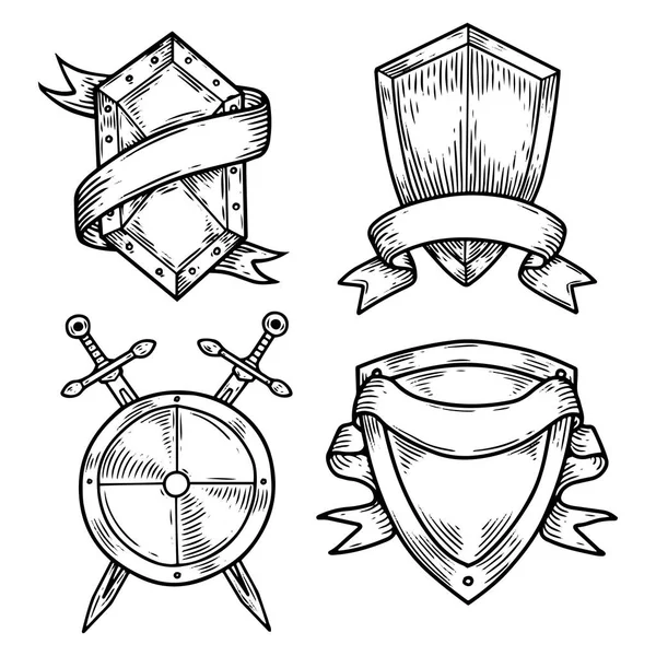 Ensemble de boucliers médiévaux isolés avec rubans — Image vectorielle
