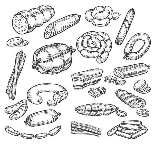 Croquis de saucisses et de wurst, produits carnés — Image vectorielle