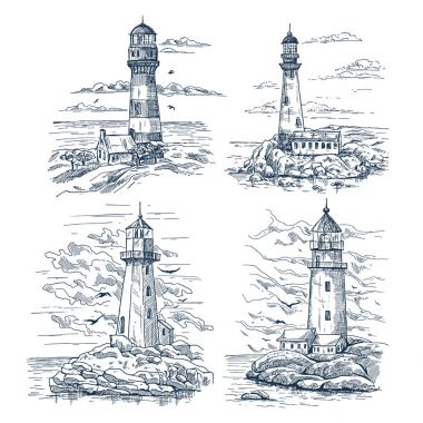 Deniz ya da okyanus adası feneri ile skeçler