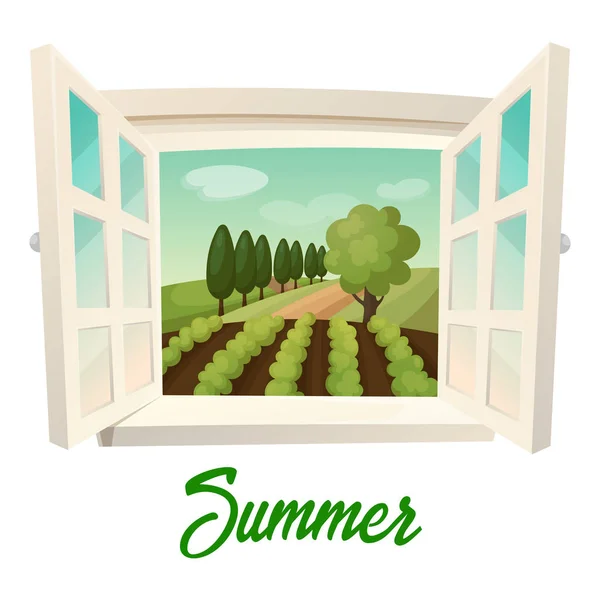 Janela com vista para a fazenda ou jardim de verão —  Vetores de Stock