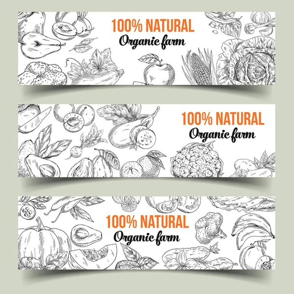 Reihe isolierter Banner mit Obst und Gemüse — Stockvektor