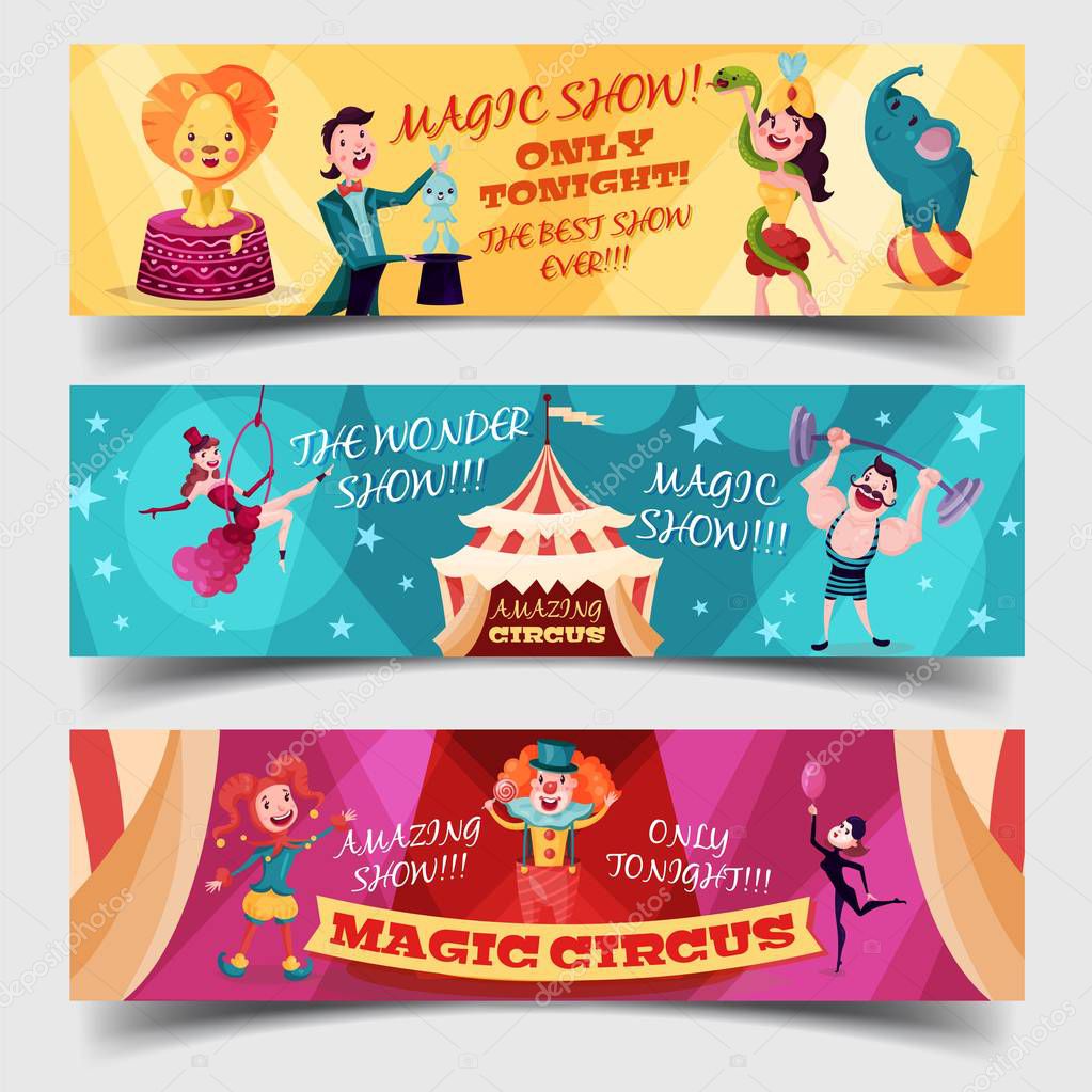 Set of isolated circus cards with clown, magician