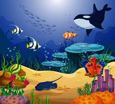 Ocean or sea fish, killer whale and stingray clipart