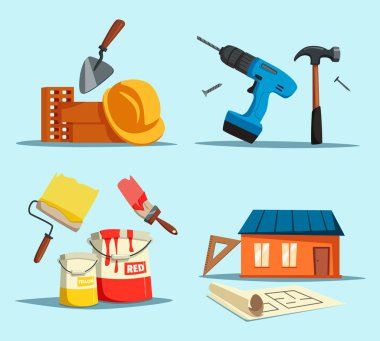 Matkap ve çekiç, cetvel ve fırça ile ev
