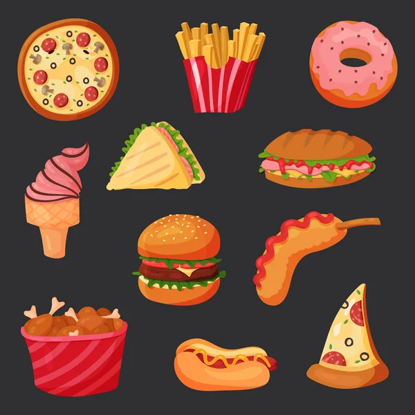 Mastný rychle nebo nezdravé jídlo svačina, hot dog a hranolky — Stockový vektor