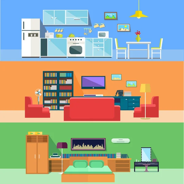 Dormitorio y recibidor, cocina en apartamentos — Vector de stock