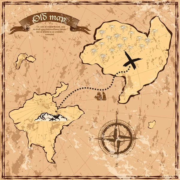 Старая или старинная карта с островами и кораблем — стоковый вектор