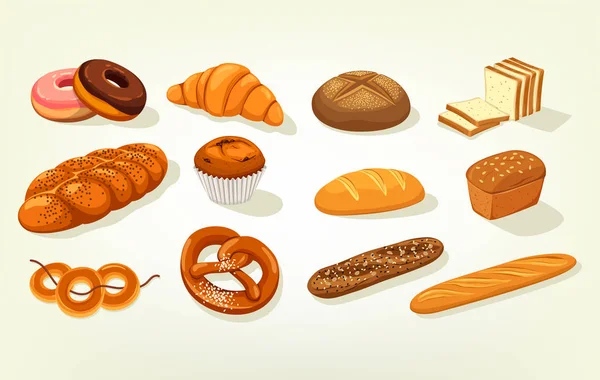 Szeletelt kenyér butterbrot és baguette, torta — Stock Vector