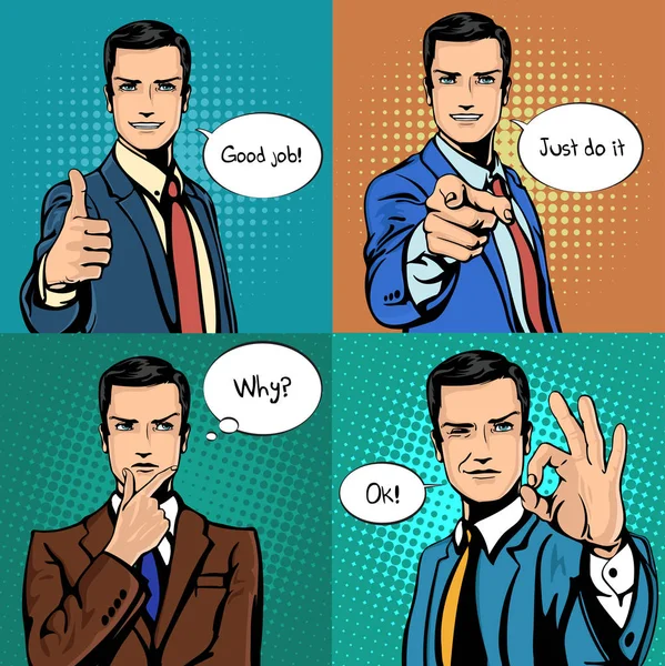 Homme d'affaires avec des gestes de main différents — Image vectorielle
