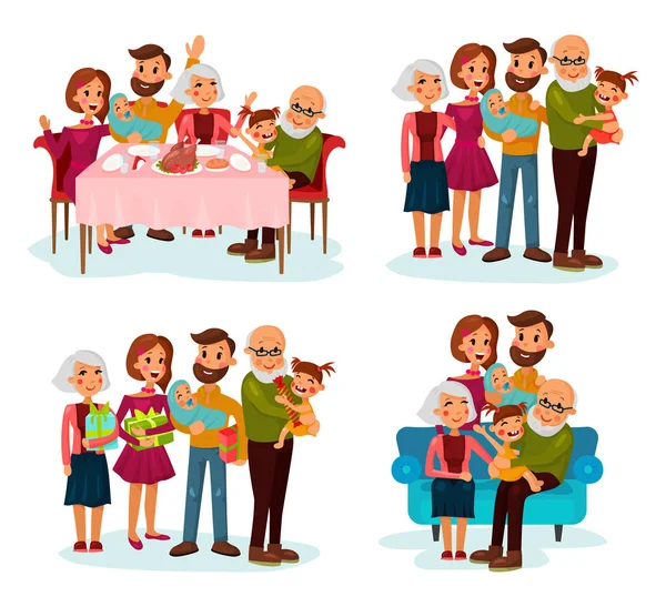 Familia en la mesa, en el sofá y con regalos — Vector de stock