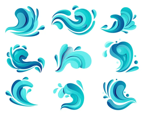 Onda do mar ou ventania oceânica, ícones de água do rio —  Vetores de Stock